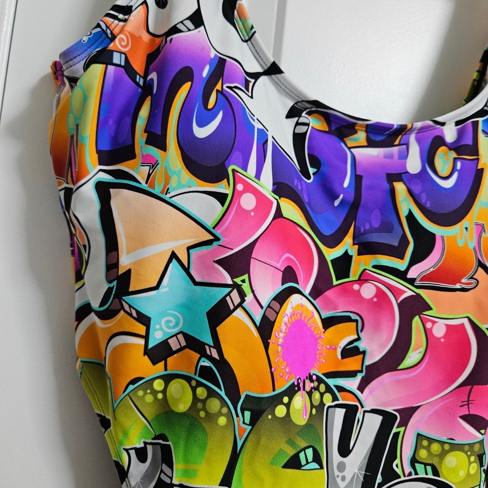 NWT Fashion Nova Swimsuit Women Lg Multicolor Not That Graffiti 1 Piece High Leg - Picture 4 of 12